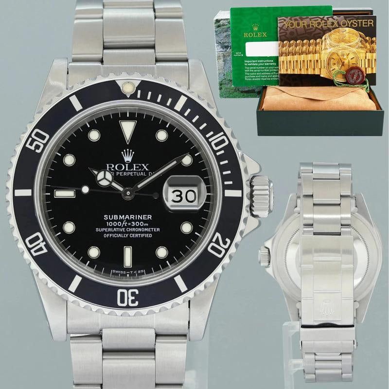 MINT Rolex Submariner Date 16800 Steel Black 40mm Oyster Watch Box: Case & Dial Case Material: Rolex Stainless Steel Case Size: 40mm Bezel: Rolex Steel and Black Crystal: Rolex Sapphire Dial: Rolex Black Movement & Bracelet Movement: Rolex Automatic Bracelet Design: R