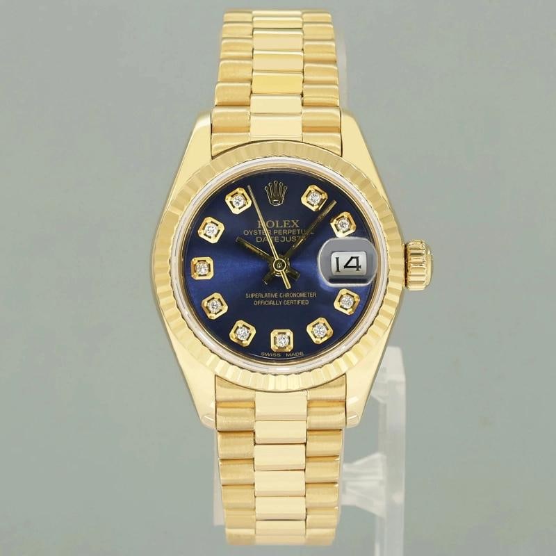 MINT Blue Diamond Ladies Rolex DateJust 69178 President 26mm 18k Yellow Gold - 6
