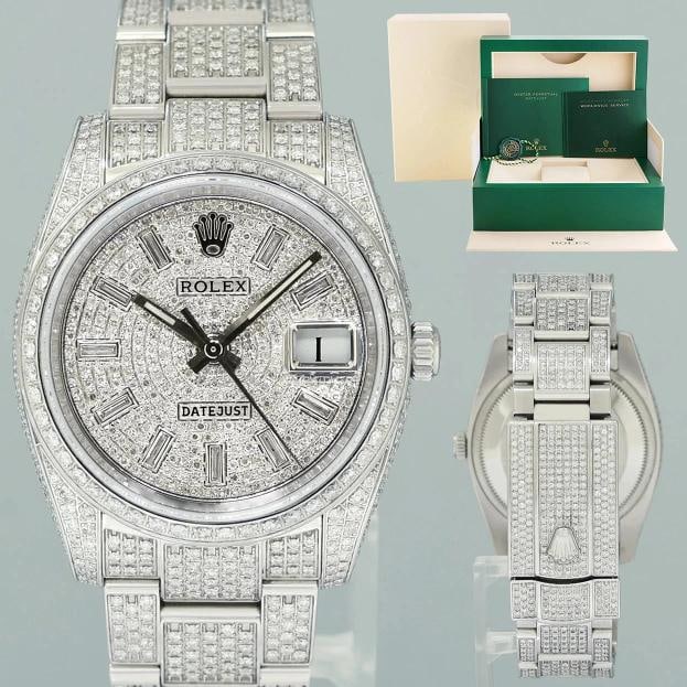 DIAMOND Rolex Oyster 115200 Pave Diamond Oyster Perpetual Date 34mm Steel Watch: Case & Dial Case Material: Rolex Stainless Steel Case Size: 34mm Bezel: Custom Diamond baguette Crystal: Rolex Sapphire Dial: Rolex Diamond Movement & Bracelet Movement: Rolex Automatic Bracelet Desig