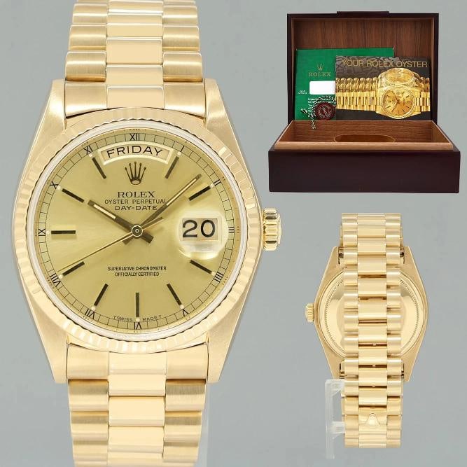MINT Rolex President Day Date 18038 Yellow Gold Champagne Quickset Watch: Box: Yes, this item includes the Original Rolex Box. . Case & Dial Case Material: Rolex Yellow Gold Case Size: 36mm Bezel: Rolex Yellow Gold Fluted Crystal: Rolex Sapphire Dial: Rolex Champagne Moveme
