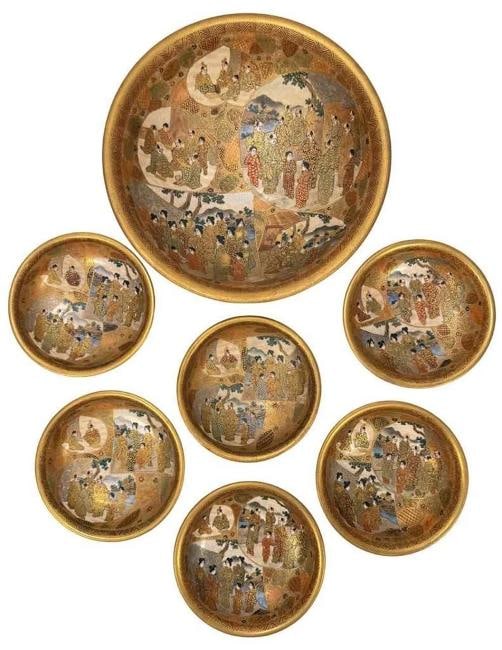 Antique 19thC Japanese Meiji Satsuma Gilt Painted 7pc Master Rice Bowl Dish Set: DIMENSIONS: master bowl 9-1/8" in diameter, 2-3/4" in height, smaller bowls/ea 5" in diameter, 1.5" in height . Age: 1850-1899,Color: Multi-Color,Original/Reproduction: Antique Original,Primary Materi