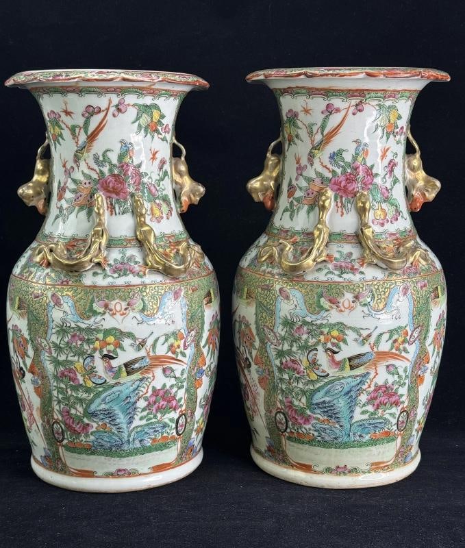 Pair Antique 1800s Chinese Rose Canton Porcelain Vases, Applied Dragons (1 of 16)