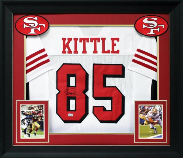 George Kittle Signed White Pro Style Framed Jersey w/ Dropshadow BAS Witnessed: Player: George Kittle,Sport: Football,Product: Jersey,Original/Reprint: Original,Team: San Francisco 49ers,Autograph Authentication: Beckett,PRODUCT_COA: Beckett,PRODUCT_SIGNED_BY_NAME: George Kittle,