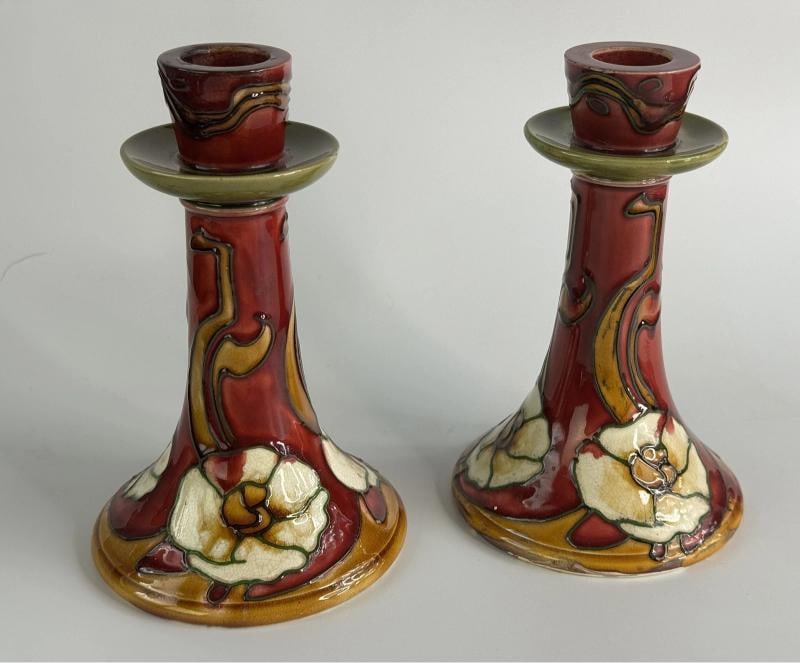 Antique Minton Secessionist Pottery Candlesticks, Red, Yellow and Green, Pair: Height is 6 1/2 inches, with a base diameter of 4 1/8 inches. .Condition: Used: An item that has been used previously. The item may have some signs of cosmetic wear, but is ... Read moreabout the cond
