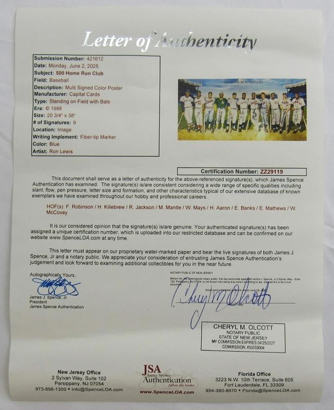 500 Home Run Club Signed Poster w/9 Signatures Including Mickey Mantle (JSA LOA) - 7