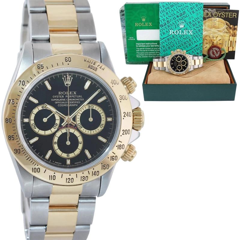 1997 MINT Rolex Daytona 16523 Zenith Black Yellow Gold Two Tone Watch Box: Condition: Pre-owned - Excellent,Brand: Rolex,Department: Unisex Adults,Type: Wristwatch,Model: Daytona,Reference Number: 16523,With Original Box/Packaging: Yes,With Papers: Original,Customized: No,UP