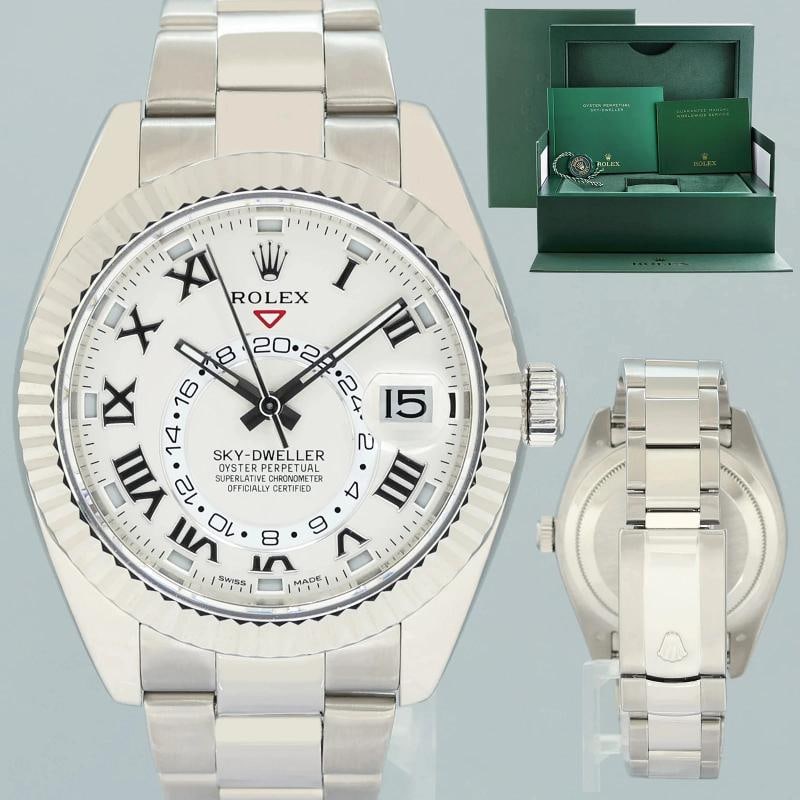 2015 MINT Rolex Sky-Dweller White Gold Bracelet 42mm White Dial 326939 Watch Box: Case & Dial Case Material: Rolex White Gold Case Size: 42mm Bezel: Rolex White Gold Fluted Crystal: Rolex Sapphire Dial: Rolex Roman Movement & Bracelet Movement: Rolex Automatic Bracelet Design: Role