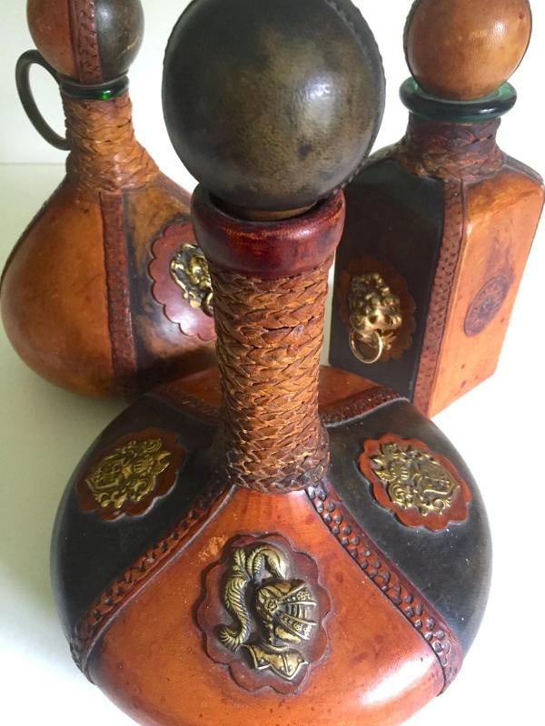 VTG MID CENTURY ITALIAN HAND TOOLED LEATHER WRAPPED DECANTER BOTTLES - SET OF 3 - 5