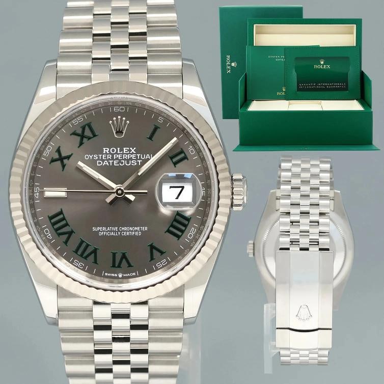 2025 NEW PAPERS Rolex DateJust 36mm Wimbledon Stick 126234 Jubilee White Gold: Case & Dial Case Material: Rolex Stainless Steel Case Size: 36mm Bezel: Rolex White Gold Fluted Crystal: Rolex Sapphire Dial: Rolex Wimbledon Movement & Bracelet Movement: Rolex Automatic Bracelet Des