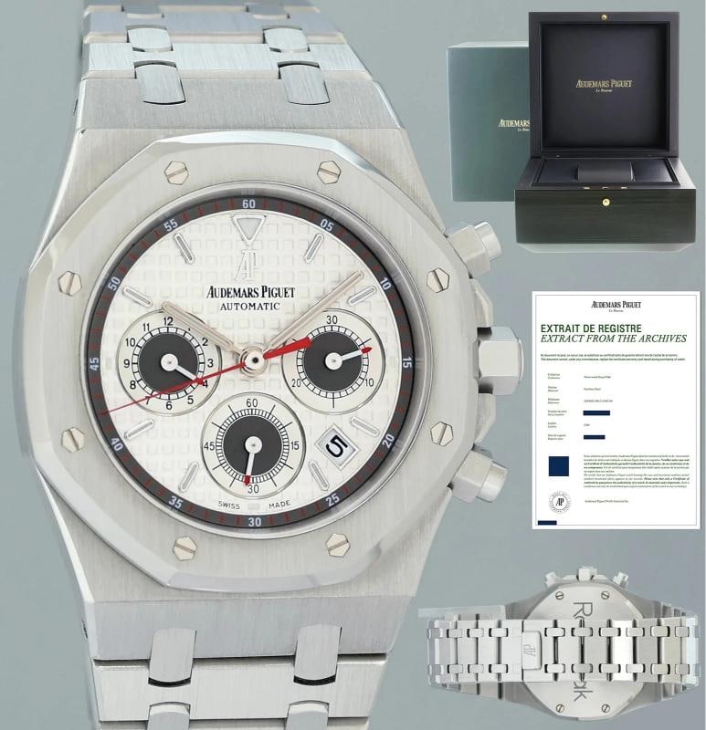 2009 PAPERS MINT Audemars Piguet 26300ST Royal Oak Silver Panda Chrono 39mm: Case & Dial Case Material: Audemars Piguet Stainless Steel Case Size: 39mm Bezel: Audemars Piguet Stainless Steel Crystal: Audemars Piguet Sapphire Dial: Audemars Piguet White and Black Panda Movement