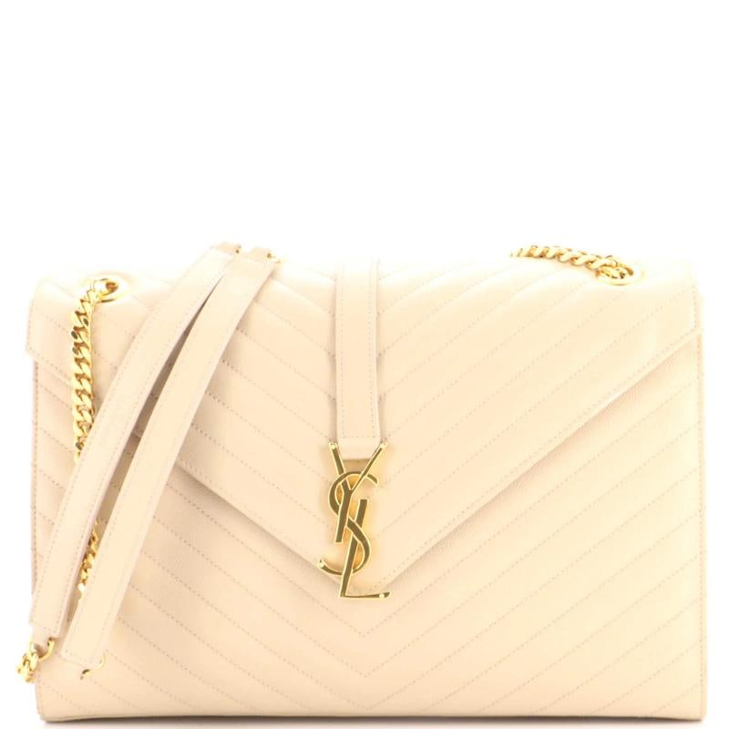 Saint Laurent Classic Monogram Envelope Satchel Matelasse Chevron Leather Large: Measurements: Handle Drop 12", Height 9", Width 13", Depth 3", Strap Drop 12-21" . Condition: Pre-owned - Excellent,Brand: Saint Laurent,Exterior Material: Leather,Style: Shoulder Bags,Exterior Color: