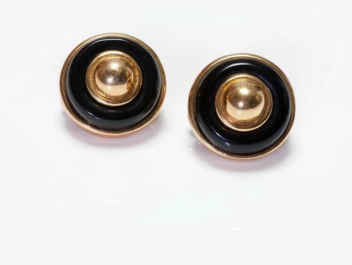TIFFANY & CO. DONALD CLAFLIN 18k YG & Onyx Button Earrings 1980s Vintage w/Pouch: They weigh 23.3 grams and are 3/4" length. . Condition: Pre-owned - Good: This item has been gently used but is in good condition. It might have a few signs ... Read moreabout the conditionPre-owned -