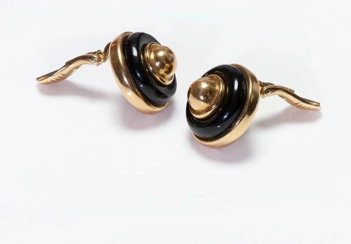 TIFFANY & CO. DONALD CLAFLIN 18k YG & Onyx Button Earrings 1980s Vintage w/Pouch - 2