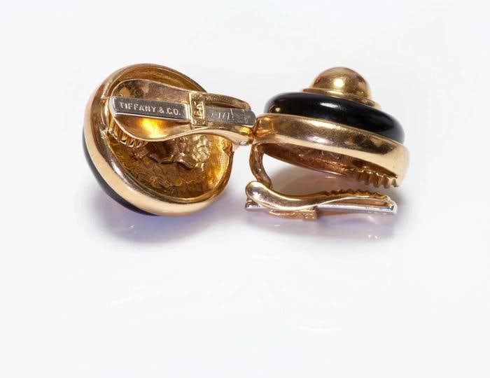 TIFFANY & CO. DONALD CLAFLIN 18k YG & Onyx Button Earrings 1980s Vintage w/Pouch - 4