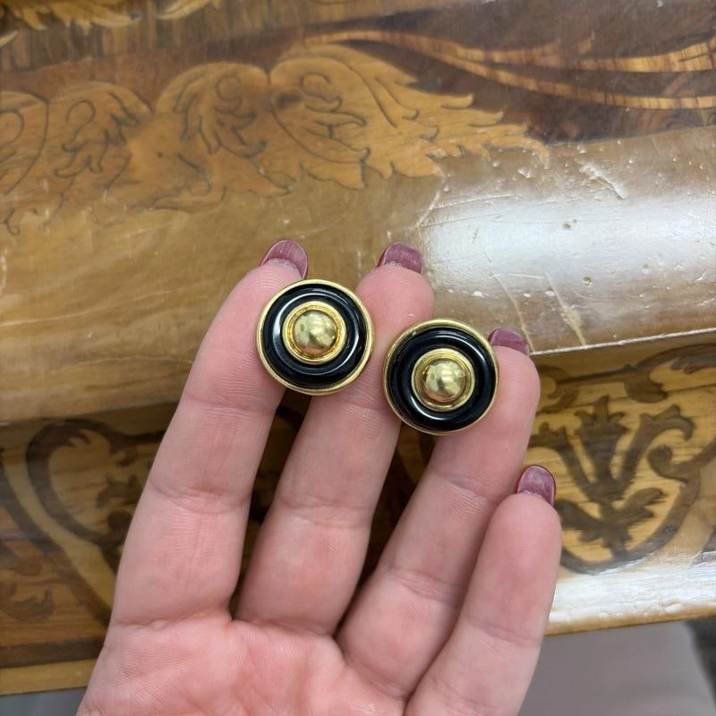 TIFFANY & CO. DONALD CLAFLIN 18k YG & Onyx Button Earrings 1980s Vintage w/Pouch - 6