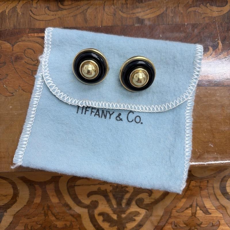 TIFFANY & CO. DONALD CLAFLIN 18k YG & Onyx Button Earrings 1980s Vintage w/Pouch - 7