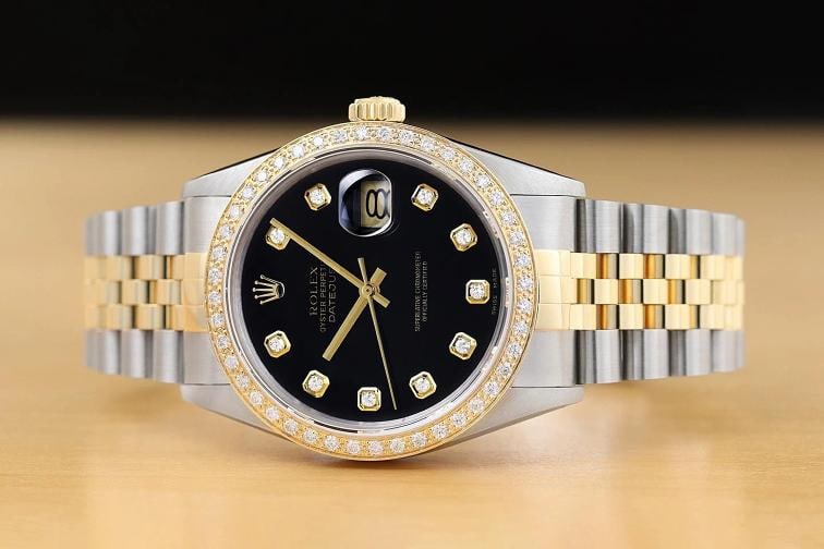 ROLEX DATEJUST 16233 BLACK FACTORY DIAMOND 18K YELLOW GOLD STEEL TWO TONE WATCH - 3