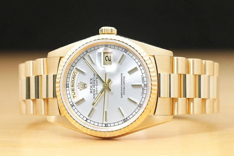 ROLEX MENS DAYDATE 18238 SILVER DIAL 18K YELLOW GOLD PRESIDENT DOUBLE QS WATCH - 3