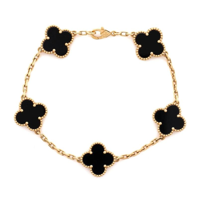 Van Cleef & Arpels Vintage Alhambra 5 Motifs Bracelet 18K Yellow Gold and Onyx: Measurements: Circumference: 7.5 ", Width: 2.25 mm . Condition: Pre-owned - Good,Brand: Van Cleef & Arpels,Main Stone: Onyx,Metal: 18K Yellow Gold,Metal Purity: 18k,Style: Bracelet,Type: Bracelet,Colo