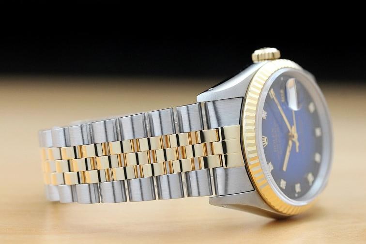ROLEX MENS DATEJUST BLUE VIGNETTE FACTORY DIAMOND 18K YELLOW GOLD STEEL WATCH - 8