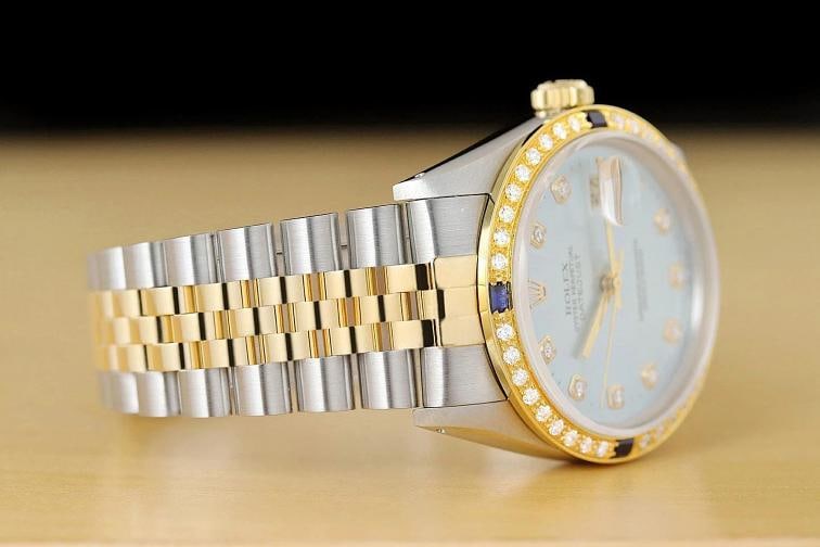 ROLEX MENS DATEJUST 16013 DIAMOND SAPPHIRE 18K YELLOW GOLD STEEL ICE BLUE WATCH - 7