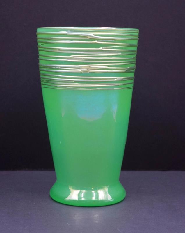 Steuben Green Jade with Aurene Threading, Large Art Glass Vase, Circa 1920: Measures 10" high by 5 7/8" wide.