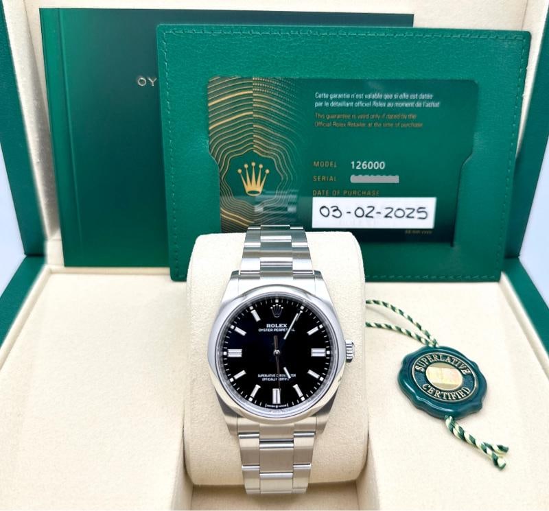 2025 Rolex Oyster Perpetual 126000 36mm Black Dial Stainless Steel Box Papers: Condition: Pre-owned - Excellent,Bezel Color: Silver,Year Manufactured: 2025,Band/Strap: Rolex Oyster,Case Color: Silver,Department: Men,Bezel Type: Smooth,Manufacturer Warranty: 5 Years,Watch Shape: 
