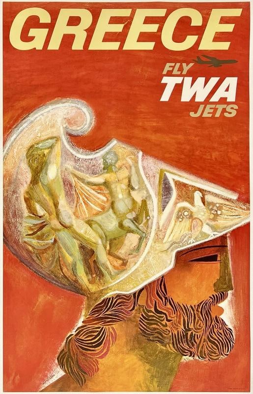 Original Vintage Poster GREECE FLY TWA JETS Airline Travel Tourism Klein LINEN (1 of 5)