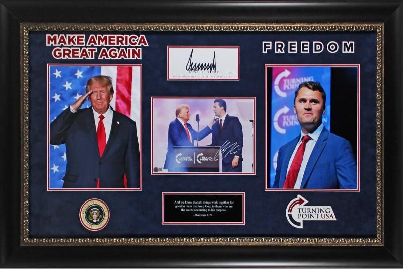 Donald J. Trump & Charlie Kirk Authentic Signed Framed Display BAS & JSA: Condition: New: A brand-new, unused, unopened, undamaged item (including handmade items).,Autograph Authentication: JSA,Original/Reproduction: Original,PRODUCT_COA: JSA,PRODUCT_SIGNED_BY_NAME: Donald