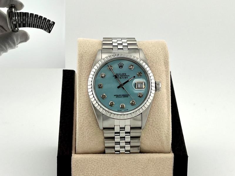 Rolex Datejust 16000 36mm Blue Mother Of Pearl Diamond Dial Stainless Steel: Style Number: 16000 Serial: R50**** Year: 1988 Model: Rolex Datejust Case Material: Stainless Steel Band: Stainless Steel Jubilee Bezel: Stainless Steel Dial: Custom Blue Mother Of Pearl Diamond Dial 