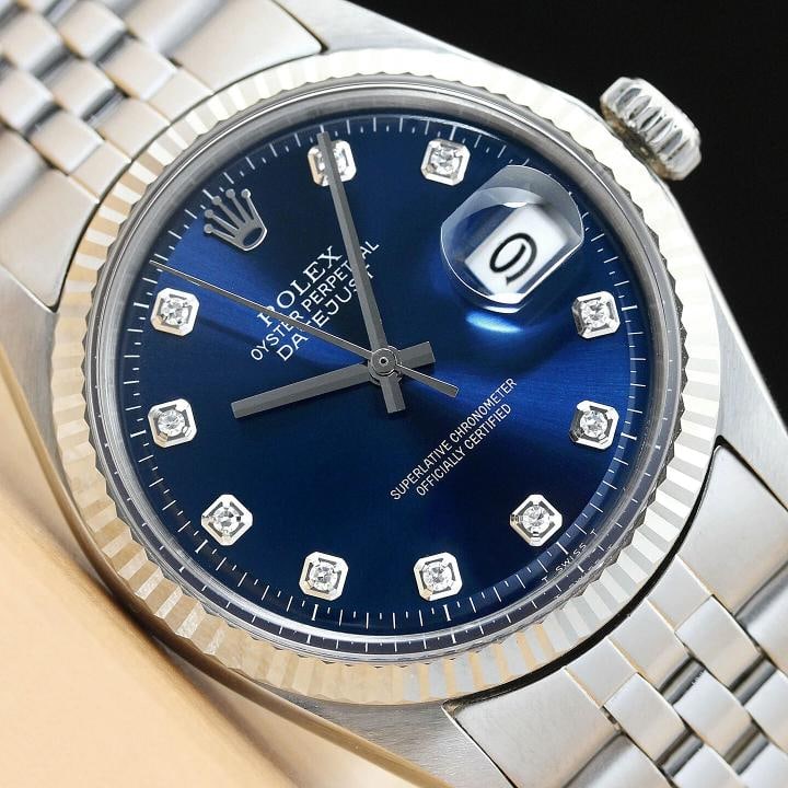 ROLEX MENS DATEJUST 1601 BLUE DIAMOND 18K WHITE GOLD STAINLESS STEEL WATCH (1 of 8)
