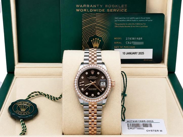 2025 Rolex Lady Datejust 279381RBR Chocolate Star Diamond Dial 18k Gold Steel: Style Number: 279381RBR Year: 2025 Model: Rolex Lady Datejust Case Material: Stainless Steel Band: 18k Rose Gold & Stainless Steel Jubilee Bezel: Factory Diamond Bezel Dial: Factory Chocolate Star Dia