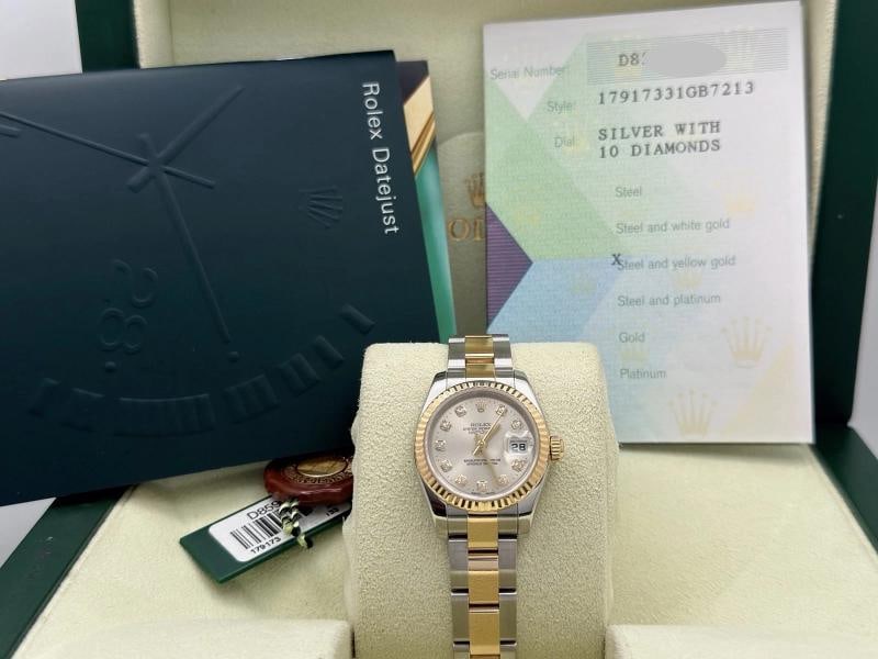 Rolex Ladies Datejust 179173 26mm Silver Diamond Dial 18k Gold Steel Box Paper: Condition: Pre-owned - Excellent,Bezel Color: Gold, Yellow,Indices: Diamond Markers,Year Manufactured: 2000-2009,Band/Strap: Rolex Oyster,Case Color: Silver,Department: Women,Bezel Type: Fluted,Watch 