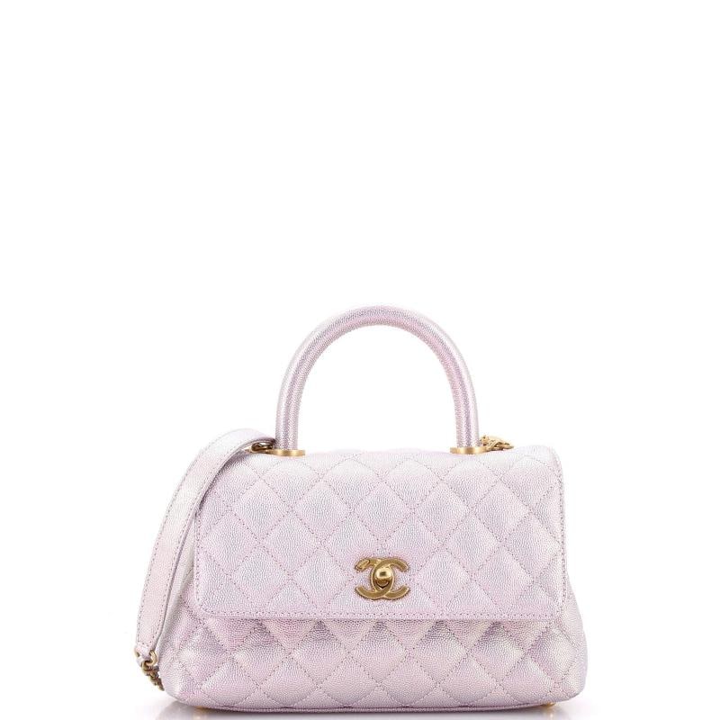 Chanel Coco Top Handle Bag Quilted Iridescent Caviar Mini: Condition: Pre-owned - Excellent,Brand: Chanel,Exterior Material: Leather,Style: Top Handle,Exterior Color: Pink,Department: Women,Size: Mini,Accessories: With Strap