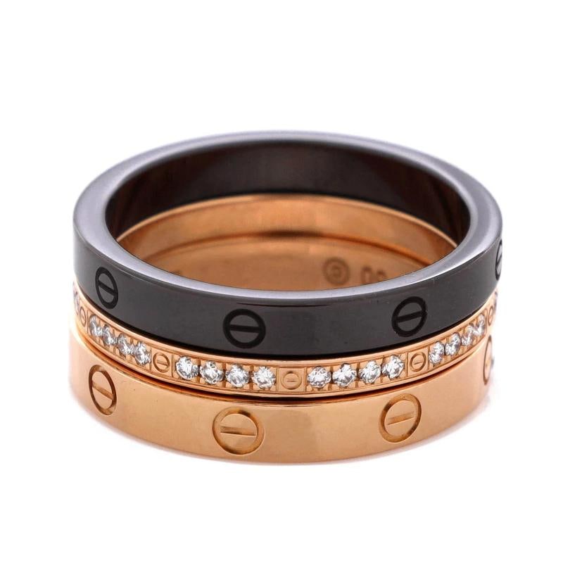 Cartier Love Band 3 Ring Set 18K Rose Gold, Diamonds and Ceramic - 3