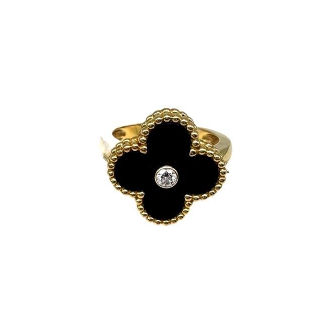 Van Cleef & Arpels Vintage Alhambra Black Onyx Diamond Ring 18k Gold COA Box - 10