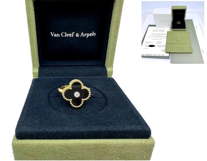 Van Cleef & Arpels Vintage Alhambra Black Onyx Diamond Ring 18k Gold COA Box: Condition: Pre-owned - Excellent,Number of Diamonds: 1,Main Stone Creation: Natural,Signed: Yes,Color: Black,Main Stone Color: White/Colorless,Metal: Yellow Gold,Total Carat Weight: 0.06 cts,Secondary