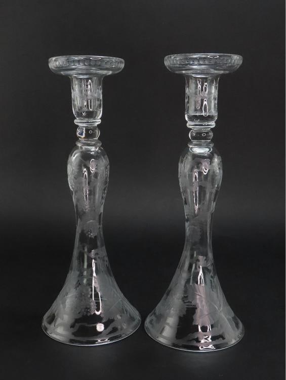 Lovely Pair Early 1900s Cut and Etched Glass Berry Vine Table Candlesticks 12": Condition: Used: An item that has been used previously. The item may have some signs of cosmetic wear, but is ... Read moreabout the conditionUsed: An item that has been used previously. The item may 