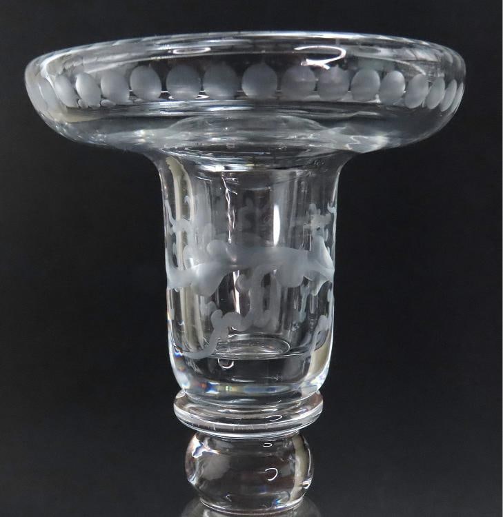 Lovely Pair Early 1900s Cut and Etched Glass Berry Vine Table Candlesticks 12" - 3