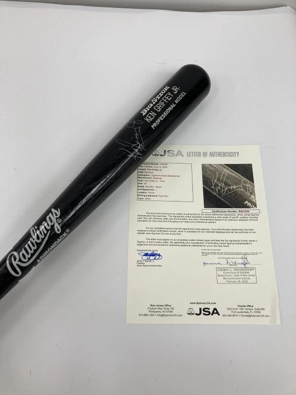 Ken Griffey Jr Signed Rawlings Game Model Baseball Bat JSA COA: Sport: Baseball,Player: Ken Griffey Jr.,Signed: Yes,Original/Reprint: Original,Autograph Authentication: James Spence Authentication (JSA),Product: Bat,Team: Seattle Mariners,Country of Origin: