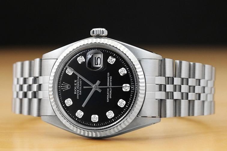 MENS ROLEX DATEJUST 1601 18K WHITE GOLD STAINLESS STEEL BLACK DIAMOND DIAL WATCH - 3