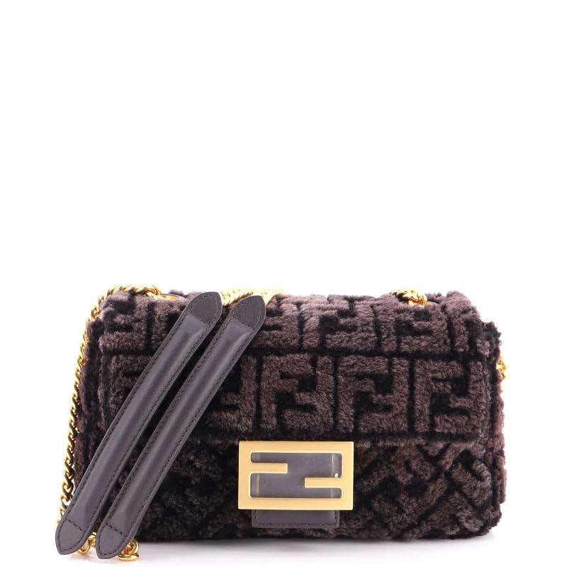 Fendi Midi Baguette Chain Bag Zucca Shearling Medium: Condition: Pre-owned - Excellent,Brand: Fendi,Exterior Material: Shearling,Style: Shoulder Bags,Exterior Color: Brown,Department: Women,Size: Medium,Accessories: Dust Bag Condition: Excellent. Exterio