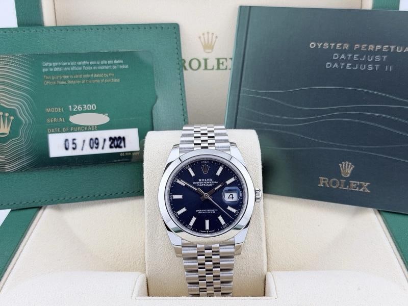 Rolex Datejust 41 126300 41mm Blue Dial Stainless Steel Jubilee Box Paper: Condition: Pre-owned - Excellent,Bezel Color: Silver,Indices: Stick Indexes,Year Manufactured: 2020-Now,Band/Strap: Rolex Jubilee,Case Color: Silver,Department: Men,Watch Shape: Round,Style: Casual, C