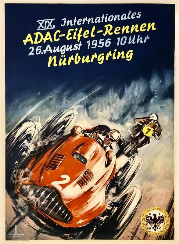 Original Vintage Poster 1956 ADAC EIFEL RENNEN NURBURGRING Car Auto Racing LINEN: Dimensions: 23.75 x 33 in. / 60.3 x 83.8 cm.; Circa 1956 Original vintage "XIX INTERNATIONALES ADAC-EIFEL-RENNEN 1956 NURBURGRING" poster, plate signed by its artist, ERNST FRIEDRICH VAN HUSEN, and pr