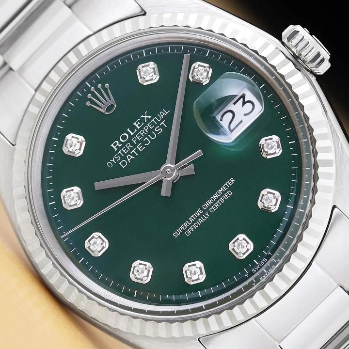 ROLEX MENS DATEJUST GREEN DIAMOND DIAL 18K WHITE GOLD STEEL WATCH w/ OYSTER BAND: Condition: Pre-owned - Excellent,Bezel Color: Silver,Max Wrist Size: 7.26-7.5 in,Number of Jewels: 26 Jewels,Indices: Diamond Markers, 12-Hour Dial,Bezel: Rolex 18K White Gold Fluted Bezel,Band/Strap: