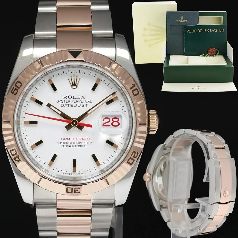 2004 Rolex DateJust 36mm Turn-O-Graph 116261 Rose Gold Two Tone Steel White Dial: Condition: Pre-owned - Excellent,Brand: Rolex,Department: Unisex Adults,Type: Wristwatch,Model: DateJust,Reference Number: 116261,With Original Box/Packaging: Yes,With Papers: No,Customized: No,UPC: D