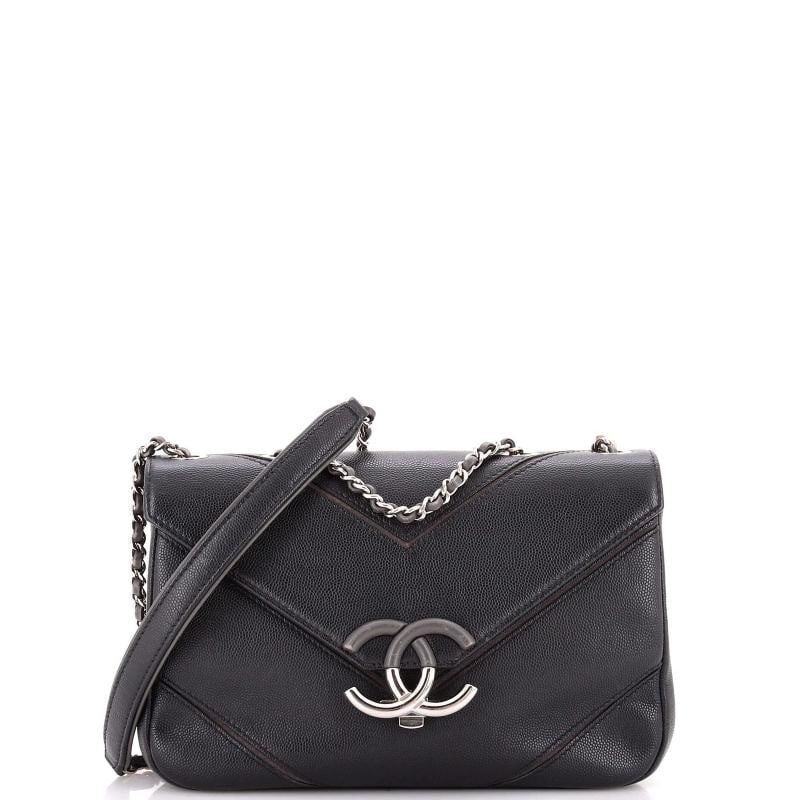 Chanel Macro Flap Bag Chevron Caviar Large: Condition: Pre-owned - Good,Brand: Chanel,Exterior Material: Leather,Style: Shoulder Bags,Exterior Color: Black,Department: Women,Size: Large Condition: Very Good. Exterior: scuffs, creases, corner we