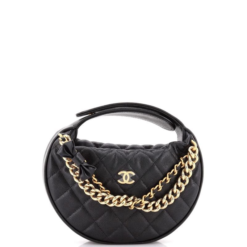 Chanel Double Chain Bow Hobo Pouch Quilted Caviar Mini: Condition: Pre-owned - Excellent,Brand: Chanel,Exterior Material: Leather,Style: Hobos,Exterior Color: Black,Department: Women,Size: Mini Condition: Excellent. Exterior: minor scuffs, minor creases | 