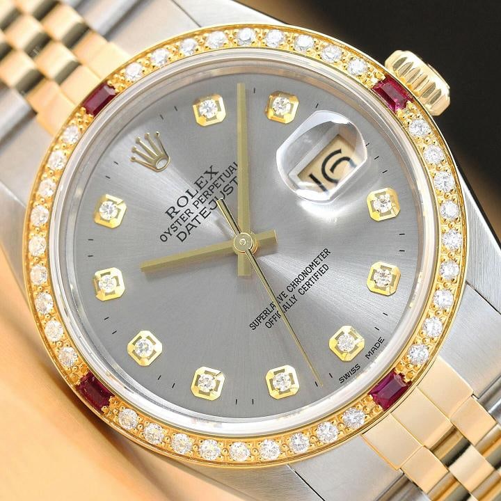 ROLEX MENS DATEJUST 16013 GRAY DIAMOND RUBY 18K YELLOW GOLD STEEL 2-TONE WATCH: Condition: Pre-owned - Excellent,Bezel Color: Gold,Max Wrist Size: 7.26-7.5 in,Number of Jewels: 27 Jewels,Indices: Stick Indexes, 12-Hour Dial,Bezel: Custom 18K Yellow Gold Diamond & Ruby Bezel,Band/