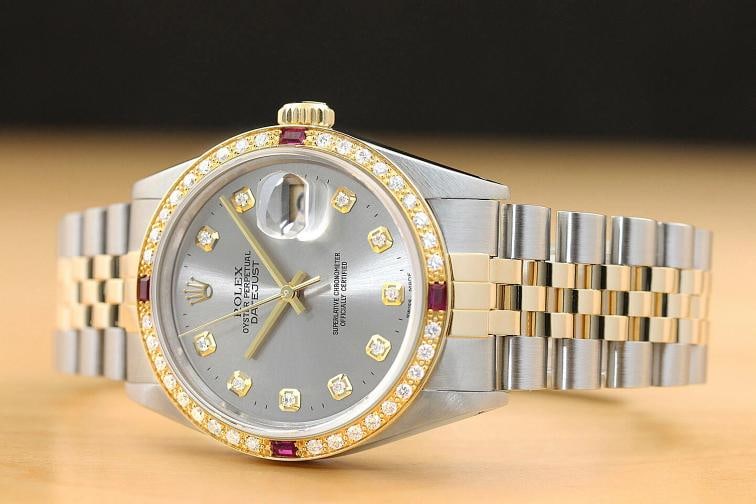 ROLEX MENS DATEJUST 16013 GRAY DIAMOND RUBY 18K YELLOW GOLD STEEL 2-TONE WATCH - 2